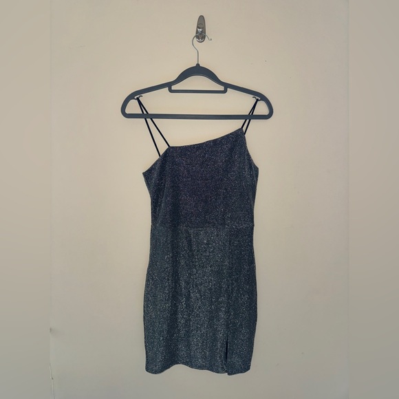 Lulus Dresses & Skirts - Lulus Take Me Anywhere Silver Sparkly Asymmetrical Bodycon Mini Dress - Size S